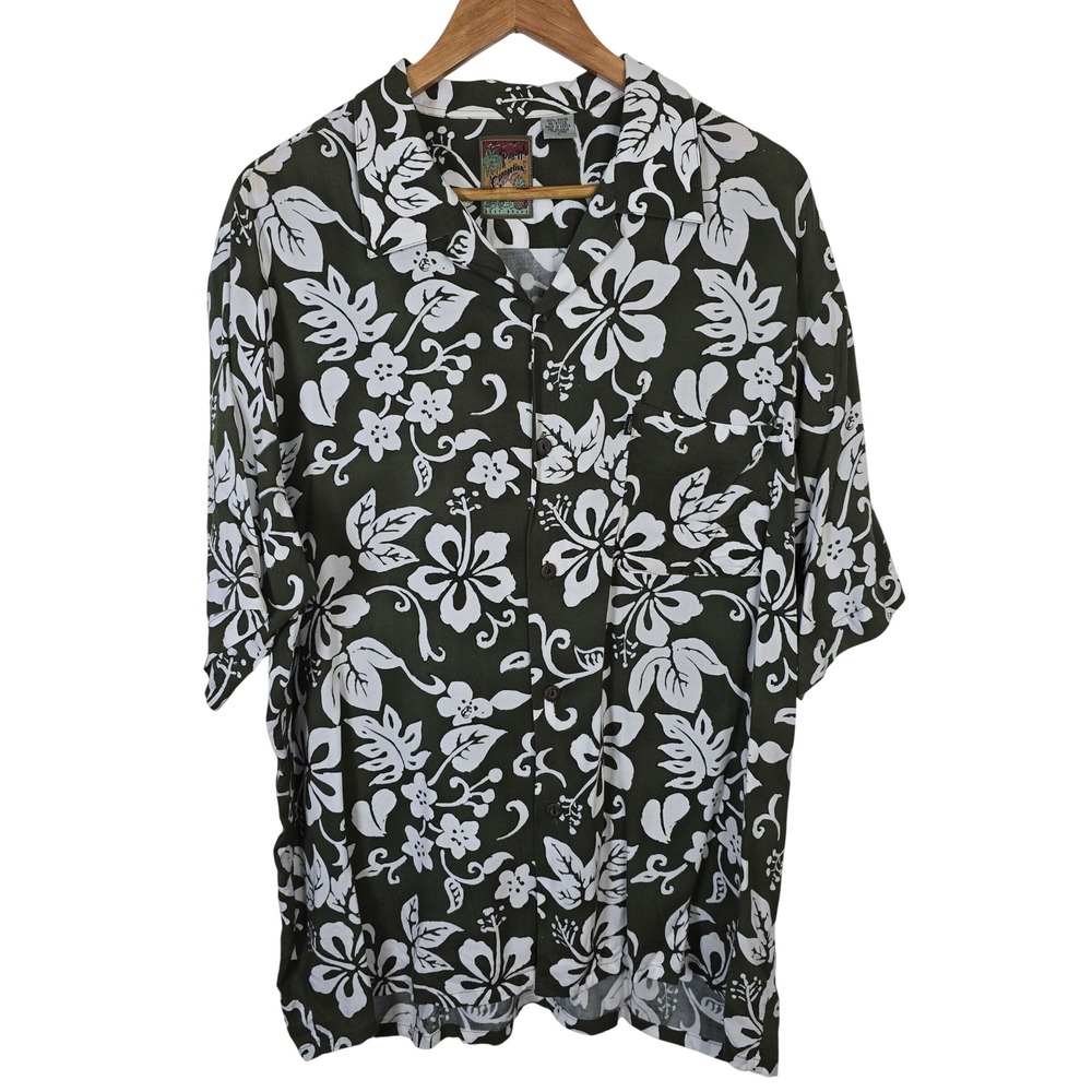 Pineapple Connection Mens Large Olive Green White Floral Rayon Hawaiian Shirt